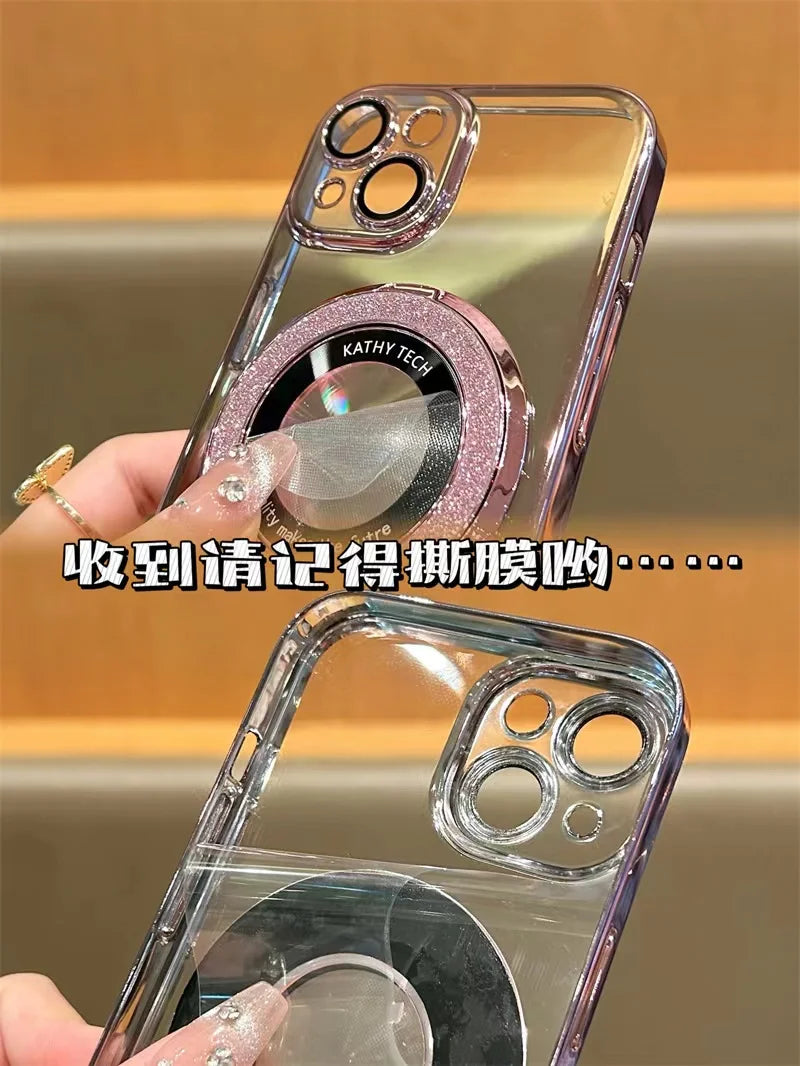Luxury Magsafe Wireless Charging Case For iPhone X XR XS 11 12 13 14 15 16 Pro Max Plus Glitter Magnetic Ring Bracket Transparent Cover