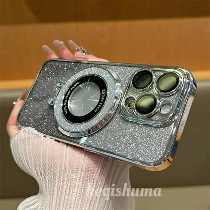 Luxury Magsafe Wireless Charging Case For iPhone X XR XS 11 12 13 14 15 16 Pro Max Plus Glitter Magnetic Ring Bracket Transparent Cover