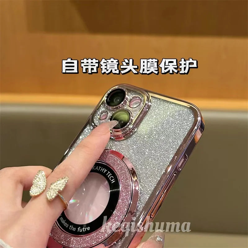 Luxury Magsafe Wireless Charging Case For iPhone X XR XS 11 12 13 14 15 16 Pro Max Plus Glitter Magnetic Ring Bracket Transparent Cover