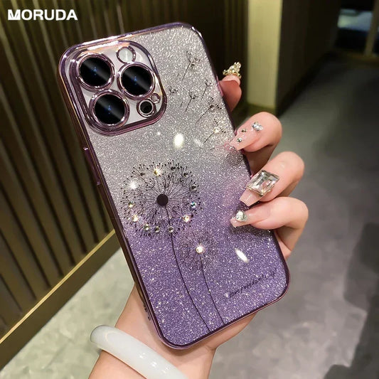 Plating Gradient Glitter Dandelion Case For iPhone 15 12 11 13 14 16 Pro Max Mini X Xs Xr 7 8 Plus SE2 Bling Diamond Soft Cover