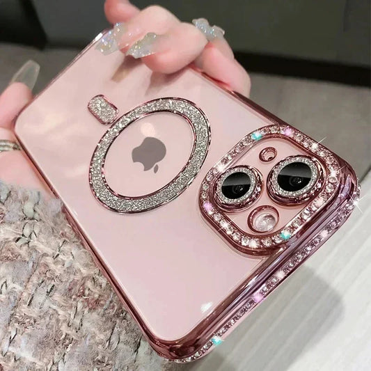 Clear Bling Crystal Phone Case For iPhone 15 16 14 11 12 13 Pro Max Plus For Magsafe Magnetic Wireless Charging Lens Film Cover