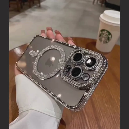 Clear Bling Crystal Phone Case For iPhone 15 16 14 11 12 13 Pro Max Plus For Magsafe Magnetic Wireless Charging Lens Film Cover